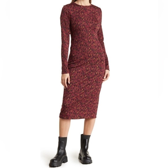 WALTER Baker Shaina Burgundy Leopard Print Knit Midi Long Sleeve Dress- Med, NWT - Picture 2 of 11